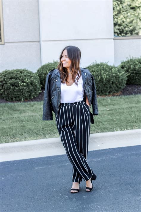 women's striped pants outfit.